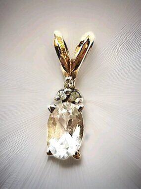 Vintage Clyde Duneier CID 10K Yellow Gold Oval White Topaz Pendant w/ Diamonds
